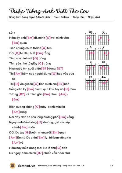 Hợp âm Thiệp Hồng Anh Viết Tên Em (Lâm Minh Thảo) – bản nhạc PDF trang 1, tông Em