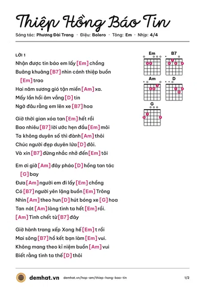 Hợp âm Thiệp Hồng Báo Tin (Lâm Hùng) – bản nhạc PDF trang 1, tông Em