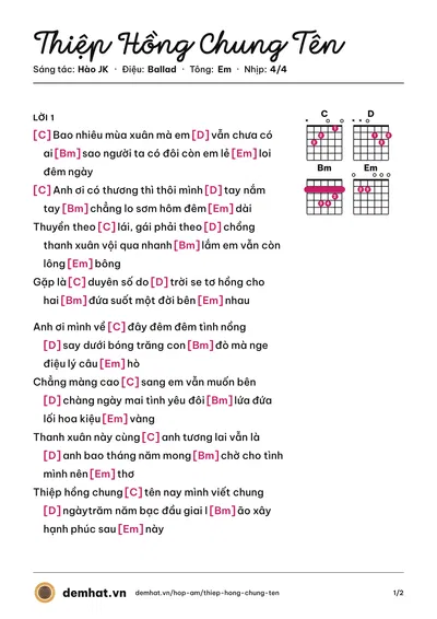 Hợp âm Thiệp Hồng Chung Tên (Út Nhị Mino) – bản nhạc PDF trang 1, tông Em
