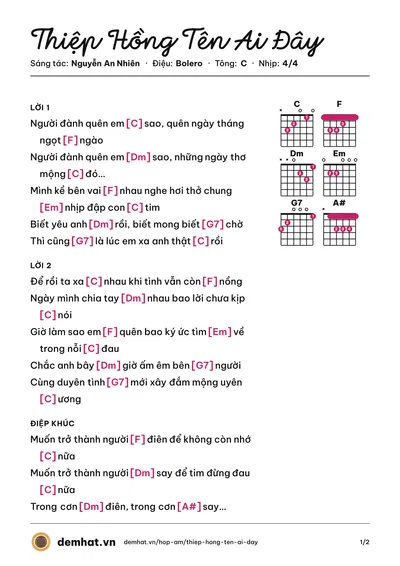 Hợp âm Thiệp Hồng Tên Ai Đây (Hồng Ân) – bản nhạc PDF trang 1, tông C