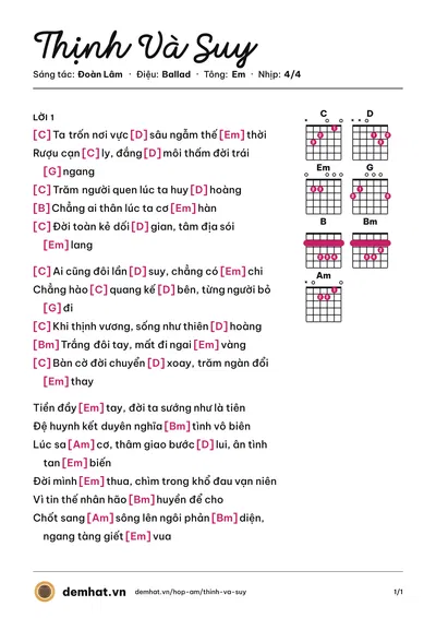 Hợp âm Thịnh Và Suy (Đoàn Lâm) – bản nhạc PDF trang 1, tông Em