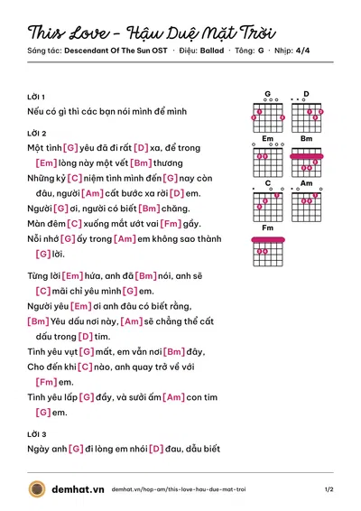 Hợp âm This Love - Hậu Duệ Mặt Trời (Davichi) – bản nhạc PDF trang 1, tông G