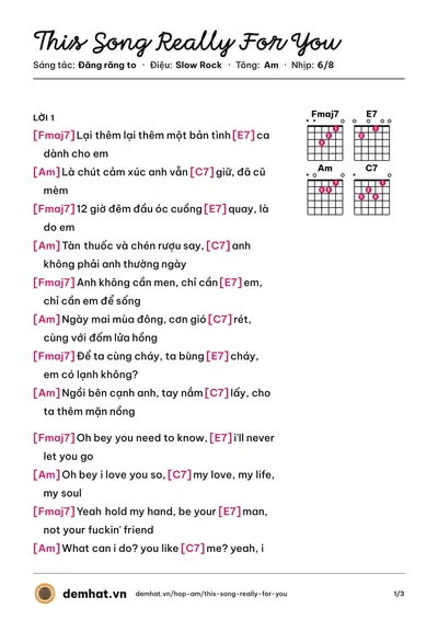Hợp âm This Song Really For You (Đăng răng to) – bản nhạc PDF trang 1, tông Am