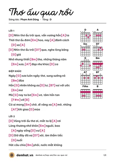 Hợp âm Thơ ấu qua rồi (Diệu Hiền) – bản nhạc PDF trang 1, tông D