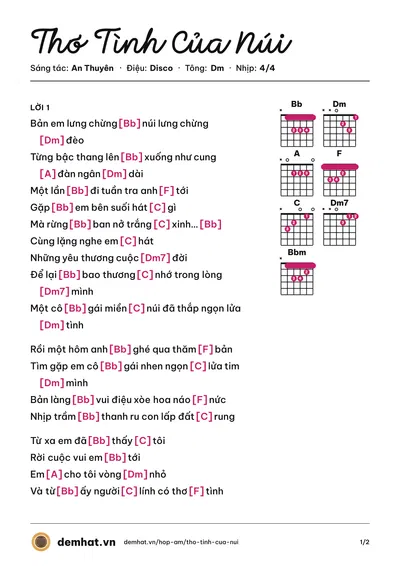 Hợp âm Thơ Tình Của Núi (Ngọc Ký) – bản nhạc PDF trang 1, tông Dm