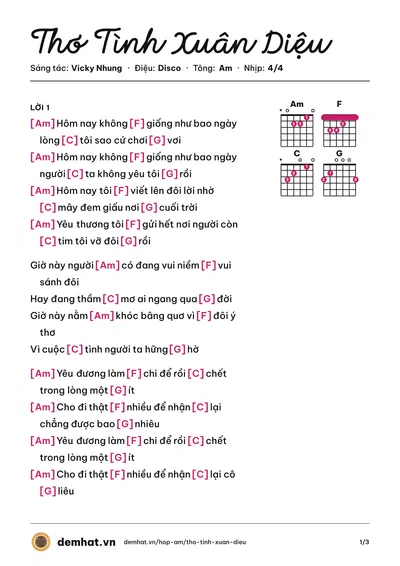 Hợp âm Thơ Tình Xuân Diệu (Vicky Nhung) – bản nhạc PDF trang 1, tông Am