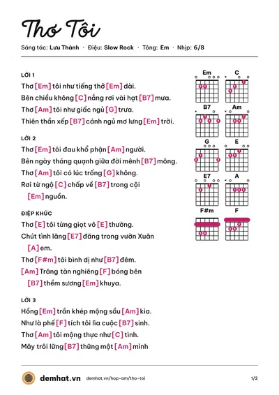 Hợp âm Thơ Tôi (Lưu Thành) – bản nhạc PDF trang 1, tông Em