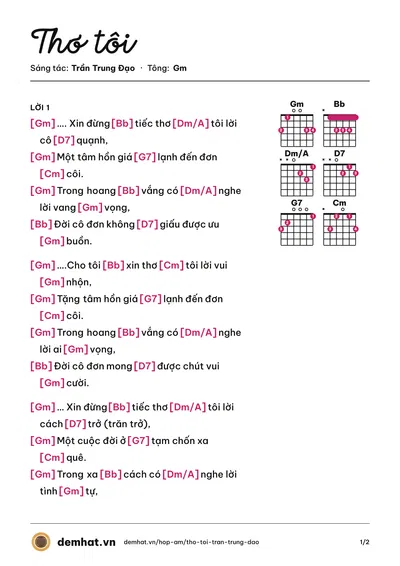 Hợp âm Thơ tôi (Trần Trung Đạo) – bản nhạc PDF trang 1, tông Gm