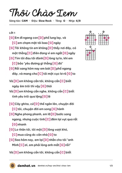 Hợp âm Thôi Chào Iem (CAM) – bản nhạc PDF trang 1, tông G