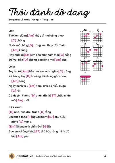 Hợp âm Thôi đành dở dang (Lê Nhật Trường) – bản nhạc PDF trang 1, tông Am