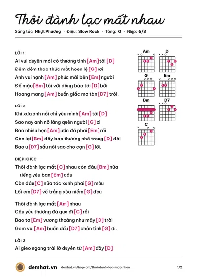 Hợp âm Thôi đành lạc mất nhau (Nhựt Phương) – bản nhạc PDF trang 1, tông G