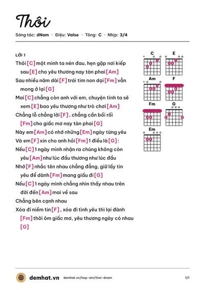 Hợp âm Thôi (dNam) – bản nhạc PDF trang 1, tông C
