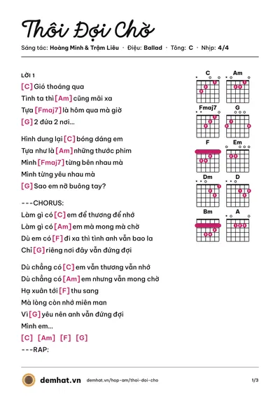Hợp âm Thôi Đợi Chờ (Trậm Liêu) – bản nhạc PDF trang 1, tông C