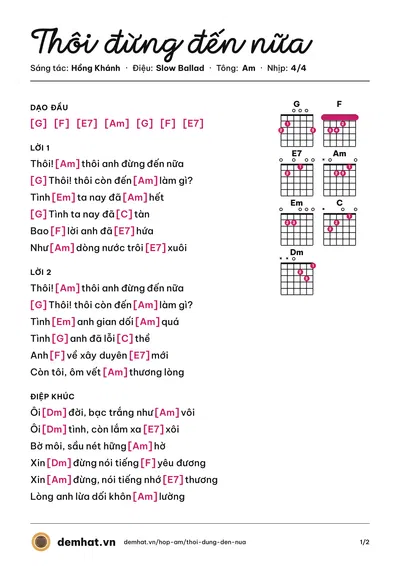 Hợp âm Thôi đừng đến nữa (Lệ Thu (trước 75)) – bản nhạc PDF trang 1, tông Am