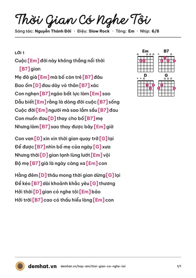 Hợp âm Thời Gian Có Nghe Tôi (Nguyễn Thành Đời) – bản nhạc PDF trang 1, tông Em