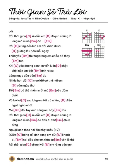Hợp âm Thời Gian Sẽ Trả Lời (JustaTee) – bản nhạc PDF trang 1, tông C