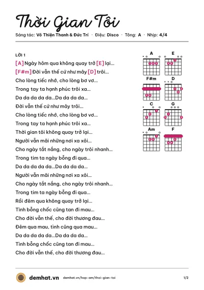 Hợp âm Thời Gian Tôi (Phạm Anh Khoa) – bản nhạc PDF trang 1, tông A