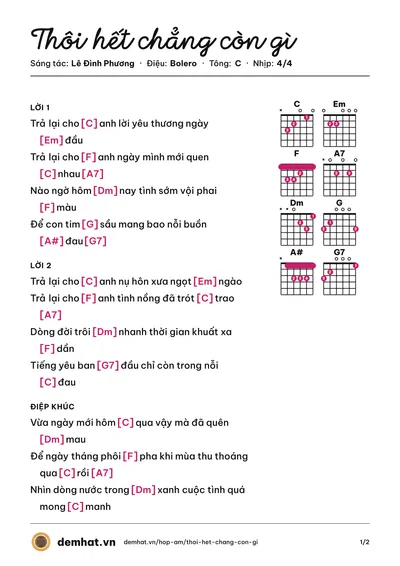 Hợp âm Thôi hết chẳng còn gì (Clara Ngo) – bản nhạc PDF trang 1, tông C