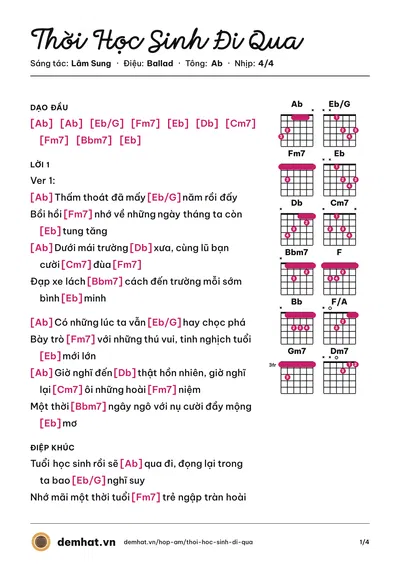 Hợp âm Thời Học Sinh Đi Qua (Lâm Sung) – bản nhạc PDF trang 1, tông Ab