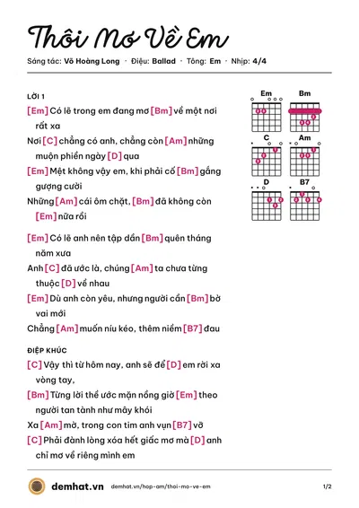 Hợp âm Thôi Mơ Về Em (Võ Hoàng Long) – bản nhạc PDF trang 1, tông Em