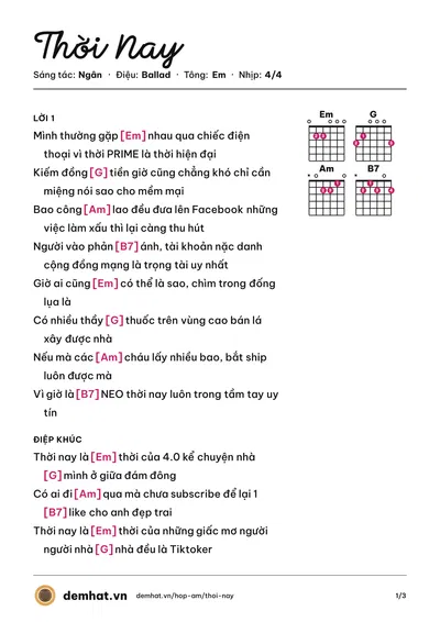 Hợp âm Thời Nay (Ngân) – bản nhạc PDF trang 1, tông Em