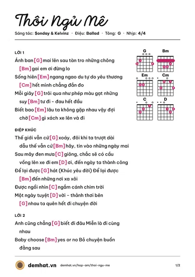Hợp âm Thôi Ngủ Mê (Kelvinz) – bản nhạc PDF trang 1, tông G