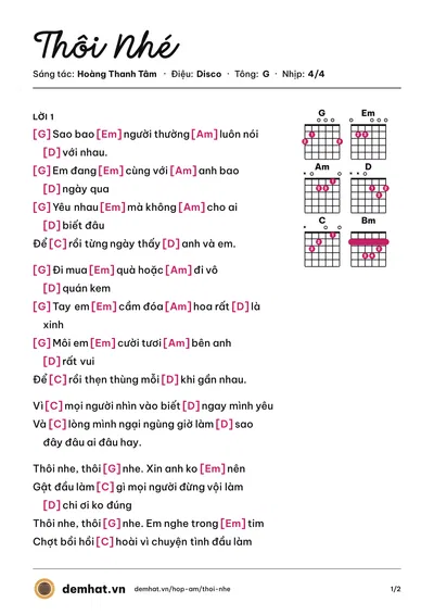 Hợp âm Thôi Nhé (Ngọc Linh) – bản nhạc PDF trang 1, tông G