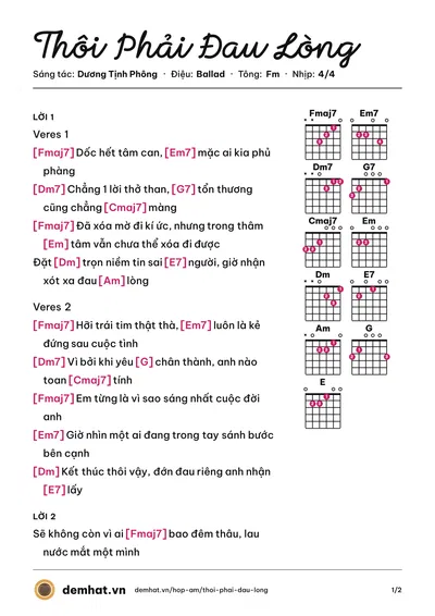 Hợp âm Thôi Phải Đau Lòng (Hà Nam Khánh) – bản nhạc PDF trang 1, tông Fm