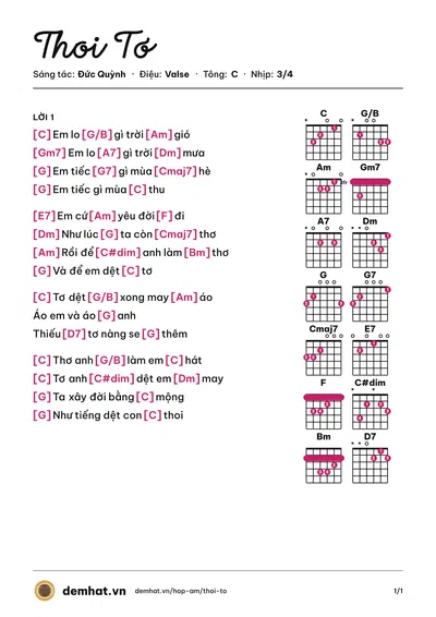 Hợp âm Thoi Tơ (Ý Lan) – bản nhạc PDF trang 1, tông C