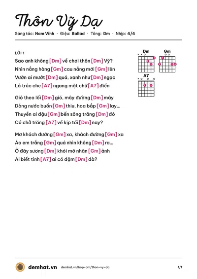 Hợp âm Thôn Vỹ Dạ (Nam Vĩnh) – bản nhạc PDF trang 1, tông Dm