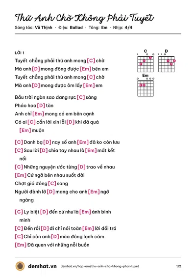 Hợp âm Thứ Anh Chờ Không Phải Tuyết (Vũ Thịnh) – bản nhạc PDF trang 1, tông Em