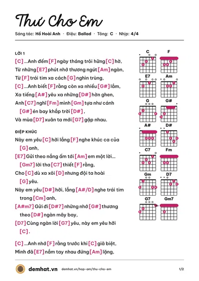 Hợp âm Thư Cho Em (Hà Anh Tuấn) – bản nhạc PDF trang 1, tông C