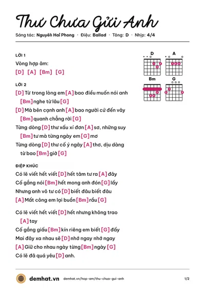Hợp âm Thư Chưa Gửi Anh (Hòa Minzy) – bản nhạc PDF trang 1, tông D