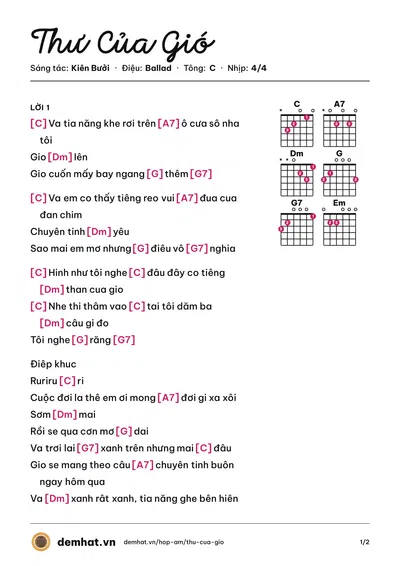 Hợp âm Thư Của Gió (Kiên Bưởi) – bản nhạc PDF trang 1, tông C