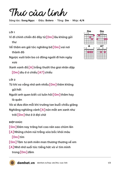 Hợp âm Thư của lính (Tuấn Vũ) – bản nhạc PDF trang 1, tông Dm