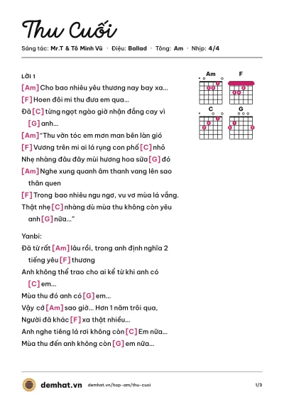 Hợp âm Thu Cuối (Yanbi) – bản nhạc PDF trang 1, tông Am