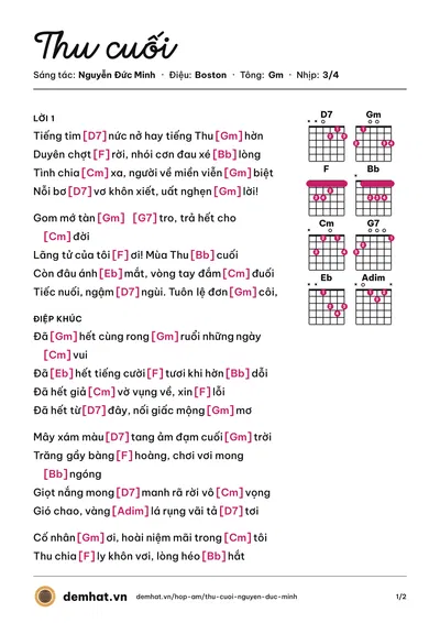 Hợp âm Thu cuối (Hồng Ngọc Diễm) – bản nhạc PDF trang 1, tông Gm