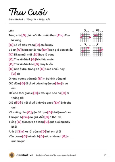 Hợp âm Thu Cuối (Quân Keyboard) – bản nhạc PDF trang 1, tông G