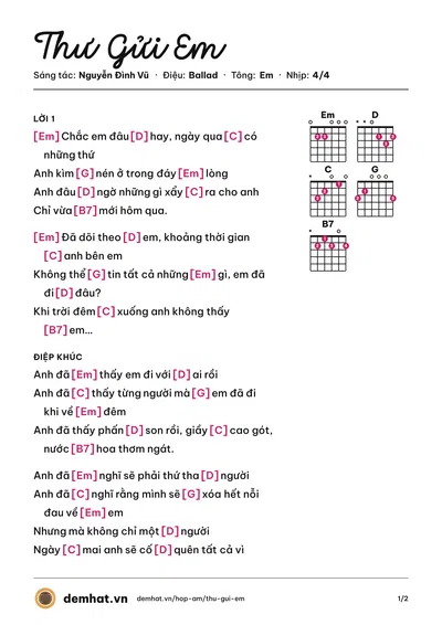 Hợp âm Thư Gửi Em (Hồ Quang Hiếu) – bản nhạc PDF trang 1, tông Em
