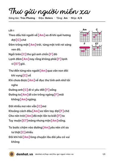 Hợp âm Thư gửi người miền xa (Chế Linh) – bản nhạc PDF trang 1, tông Am