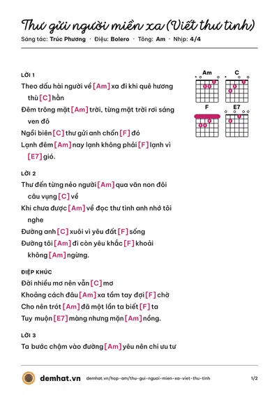 Hợp âm Thư gửi người miền xa (Viết thư tình) (Chế Linh) – bản nhạc PDF trang 1, tông Am