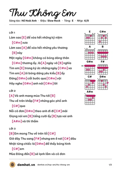 Hợp âm Thu Không Em (Tấn Minh) – bản nhạc PDF trang 1, tông E