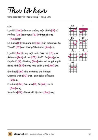 Hợp âm Thu lỡ hẹn (Quang Hà) – bản nhạc PDF trang 1, tông Am