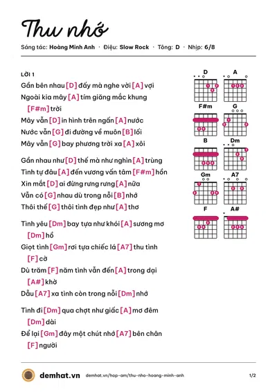 Hợp âm Thu nhớ (Hoàng Minh Anh) – bản nhạc PDF trang 1, tông D