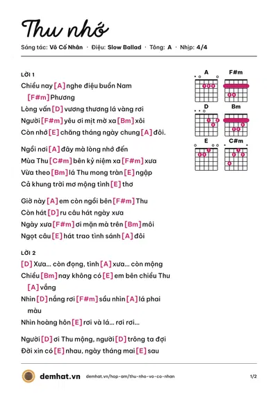 Hợp âm Thu nhớ (Trung Hiếu) – bản nhạc PDF trang 1, tông A