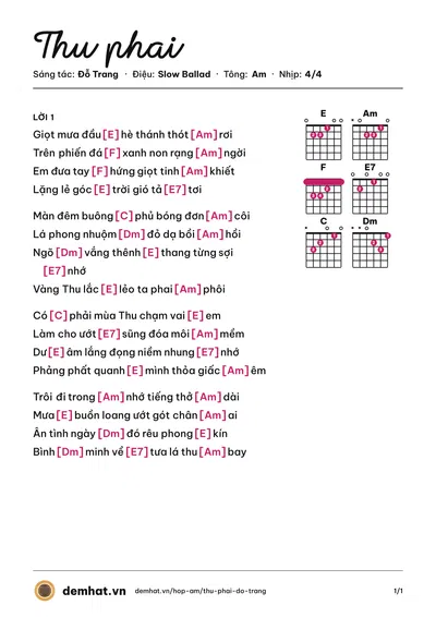 Hợp âm Thu phai (Phương Thùy) – bản nhạc PDF trang 1, tông Am