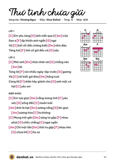 Hợp âm Thư tình chưa gửi (Khương Ngọc) – bản nhạc PDF trang 1, tông C