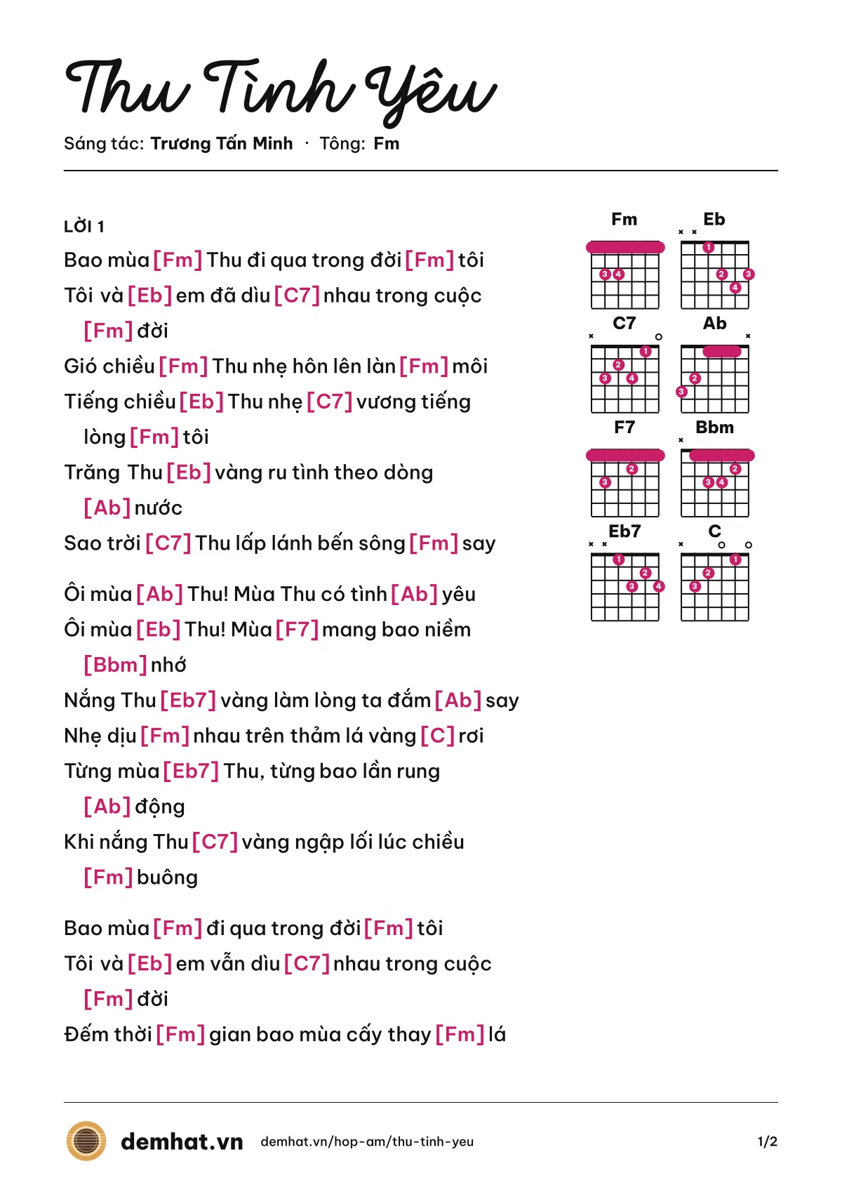 Hợp âm Thu Tình Yêu (Đăng Hiếu) – bản nhạc PDF trang 1, tông Fm