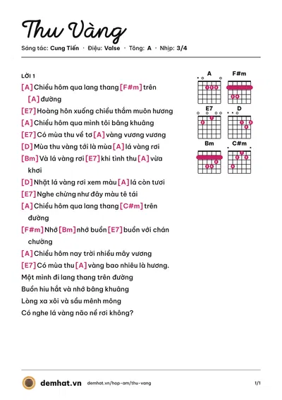 Hợp âm Thu Vàng (Hồng Nhung) – bản nhạc PDF trang 1, tông A
