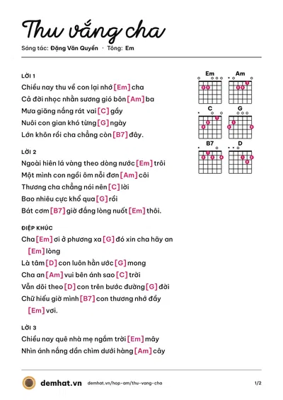 Hợp âm Thu vắng cha (Đăng Anh) – bản nhạc PDF trang 1, tông Em